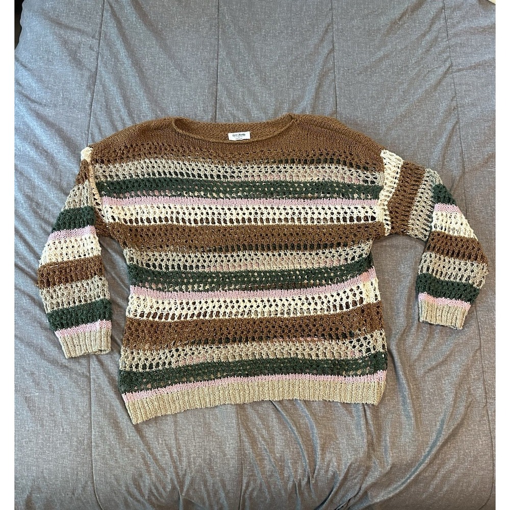 Crochet Love Knits Striped Womens Sweater 1X Boho Festival Preppy Fall Autumn